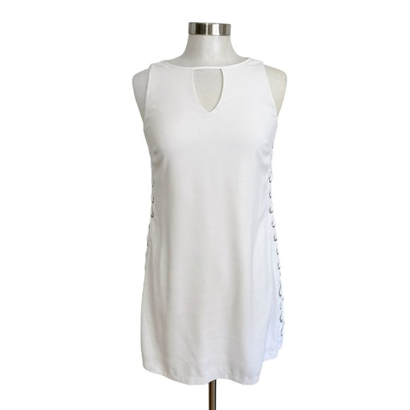 Cato SMALL Riviera White Side Lace Up Keyhole Neck Knee Length Sorority Dress - Picture 2 of 11
